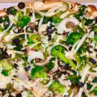  Veggie Obsession Pizza · Mushrooms, Onions, Peppers, Broccoli, Spinach & Black olives