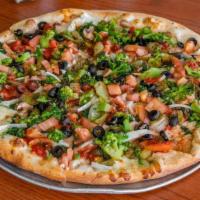 Vegetarian Pizza · White fresh garlic pie, topped with broccoli, spinach, olives, roasted peppers, onions, mush...