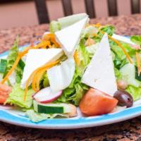Greek Salad · Vegetarian. Lettuce, tomatoes, cucumbers, feta, olives, and onions.