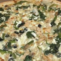 Mediterranean Pizza (Medium) · Onions, peppers, spinach, mushrooms, olive, mozzarella, and feta cheese.