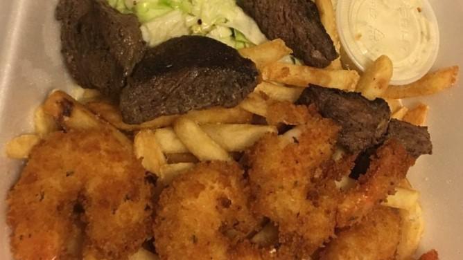 Fried Shrimp & Steak Tip Combo · Served with fries, cole slaw, tartar sauce and lemon.