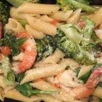 Shrimp Scampi · Sautéed spinach, tomato, garlic, broccoli, cheese, wine sauce over ziti pasta.