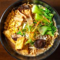 Vegetarian Ramen · Clear Vegetable Broth, Miso Tare Topped with Wood Ear Mushrooms, Bean Sprouts, Bamboo, Bokch...
