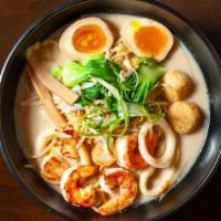 Seafood Ramen · Seafood Broth, Topped with Shrimp, Squid, Pork Chashu.