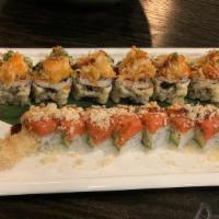 Volcano Roll · sp tuna avocado with asparagus white fish deep fried topped spicy crab scallop served chef s...