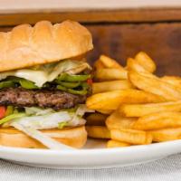 New England Burger · With mushrooms and peppers.
