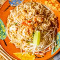 Pad Thai · A popular Thai noodle dish. Rice noodles stir-fried with egg, scallions, bean sprouts and gr...