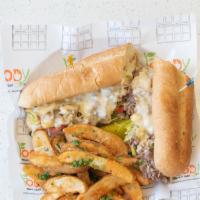 Premium Steak Milano With Onion, Lettuce, Tomato, Avocado, Ketchup, Mayo & 1 Side · Toasted Italian Bread, Choice of Marinated Beef, or Chicken Steak, Melted Smoked Double Prov...