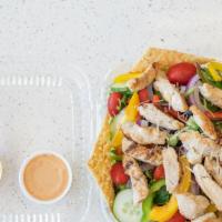 Grilled Or Buffalo Chicken Salad With Lettuce, Tomato, Onion, Green, Red, Yellow Pepper · Foody Marinated Grilled or Breaded Chicken, Organic Crispy Green Mix, Grape Tomato, red onio...
