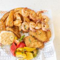 Coastal Seafood Platter · 3 Pieces Fried Fish & 4 Pieces Jumbo Fried or Grilled Shrimp with Foody'special Rice, Season...