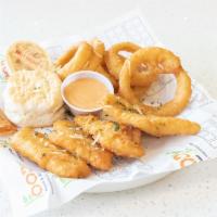 Fish & Chips · Serve with 4 Pieces Breaded Fried Rockfish, Waffle Fries, Biscuit & Choice of Dipping Sauce.