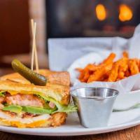 Grilled Chicken & Avocado Brioche · Chicken breast, avocado, applewood bacon, lettuce, . tomato, cheddar, chipotle aioli, grille...