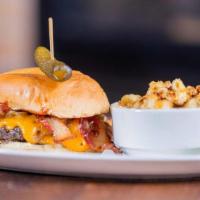 Smokey Bacon Cheddar Burger · BBQ sauce, applewood bacon, sharp cheddar, . caramelized onions, brioche roll