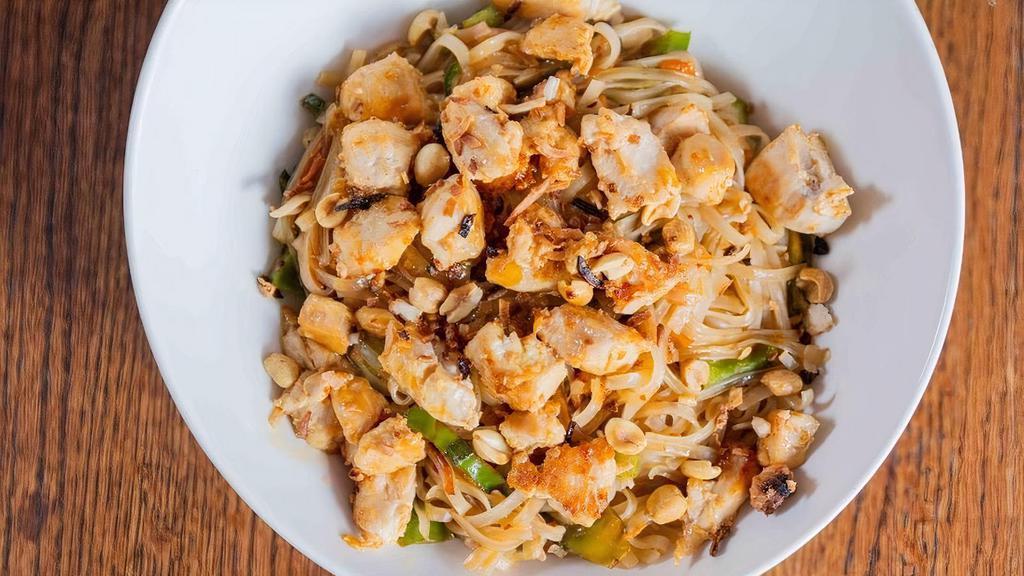 Chicken Pad Thai · Stir fried chicken breast and vegetables, tossed with fresh noodles in a sweet, . savory and spicy coconut sauce, topped with roasted peanuts