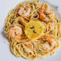 Shrimp Scampi · Lemon, garlic, shallot butter sauce, panko garlic crumbs, served with spaghetti pasta