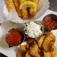 Shrimp & Chips · Tempura fried shrimp, cole slaw,  beer battered potato crisps, cocktail sauce