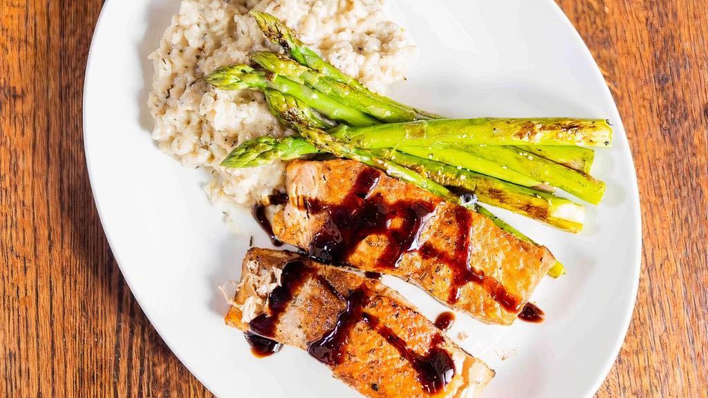 Lunch Herb Encrusted Salmon · Pan roasted Scottish filet, balsamic reduction, grilled asparagus, wild mushroom risotto.  (Dinner portion shown)