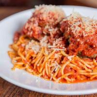 Lunch Spaghetti And Meatball · Angel hair pasta, plum tomato and fresh basil marinara, housemade meatballs, Parmigiano-Regg...