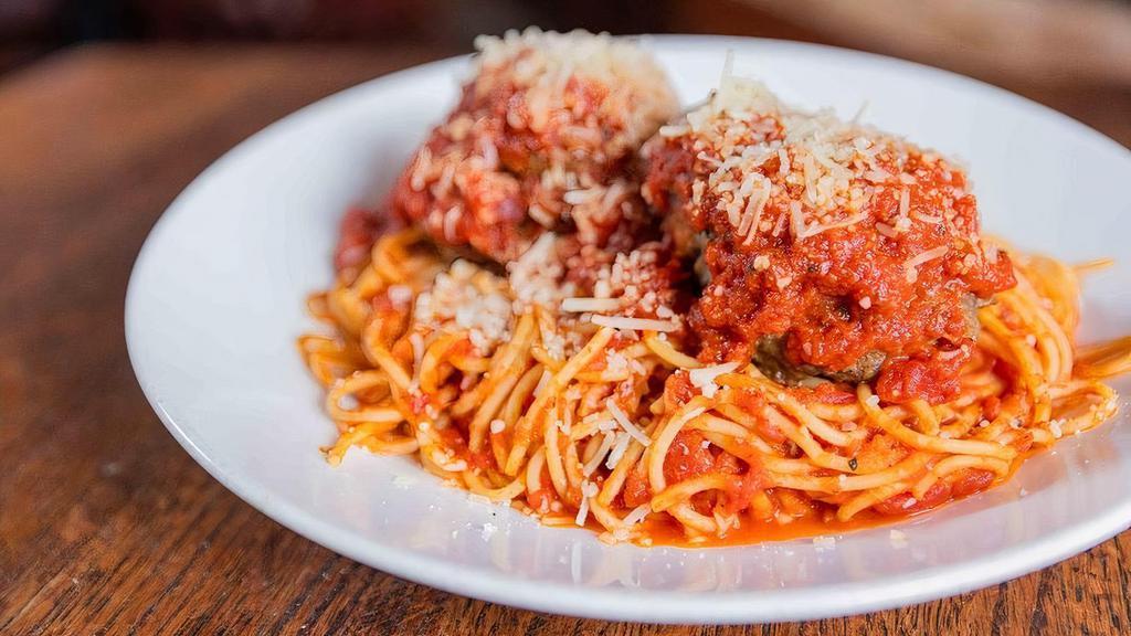 Lunch Spaghetti And Meatball · Angel hair pasta, plum tomato and fresh basil marinara, housemade meatballs, Parmigiano-Reggiano cheese.  (Dinner portion shown)