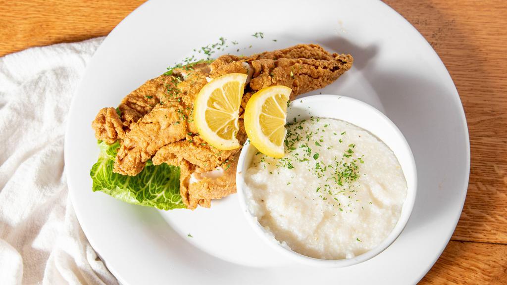 Fried Fish & Grits · Tilapia or Whiting with choice of two eggs and home fried potatoes, grits or quinoa potato hash.