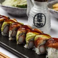 Dragon Roll · Eel and avocado on top of California roll.