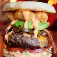 The Roots · bacon, jalapeno, cheddar jack cheese, avocado, spicy mayo, lettuce, tomato, tater tots, chee...