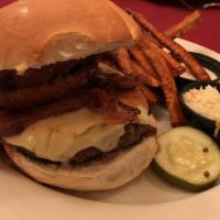 Gardenville Burger · Topped with Onion Rings, Pepper Jack Cheese, Bacon, and Jack Daniels BBQ Sauce