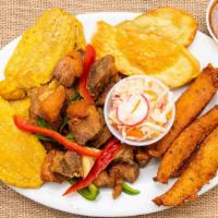 Fritay · Fried plantain served with fried pork or turkey, akra, fried potato  and spicy coleslaw
(Som...