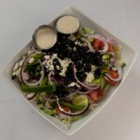 Greek Salad · Sliced lettuce, tomato, cucumber, onion, bell peppers, olives, and feta cheese tossed with o...