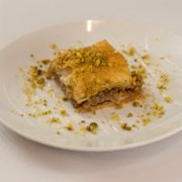 Baklava Package (2 Slices) · Rich, sweet pastry made of layers of phyllo dough, filled with chopped pistachio nuts and sw...