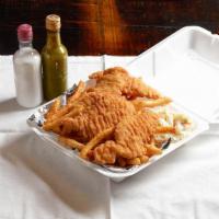 Chicken Finger Plate Dinner · With french fries and coleslaw.