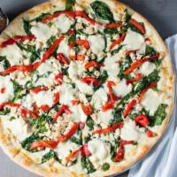 Mama T'S Grilled Chicken White Pie · Grilled chicken, roasted red peppers, spinach, fresh mozzarella and shredded mozzarella.