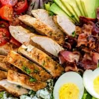 Cobb Salad · Grilled chicken breast, bacon, Blue cheese, tomato, cucumber, Bermuda onion, hard boiled egg...