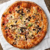 Yanni'S Works Pizza · Pepperoni, ham, sausage, mushrooms, black olives, green peppers, red onions.