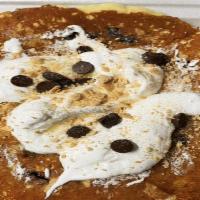 Campfire Pancakes · 2 pancakes with chocolate chips, graham crackers, topped with marshmallow, butter and sugat