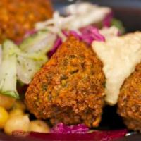 Small Falafel Bowl · Three balls. Choose your salads/sauces/pickles.  Add a Pita for an upcharge if you wish!