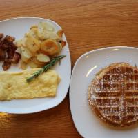 Waffle Deluxe · Classic single waffle, two large farm fresh eggs prepared any style, and breakfast meat and ...