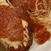 Eggplant Parmigiana · Topped with Mozzarella Cheese, Tomato Sauce, Served with a Side of Spaghetti.