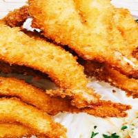 Fried Jumbo Shrimp (5) · Jumbo shrimp coated in seasoned bread crumbs, then deep fried to golden brown perfection.