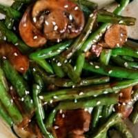 Teriyaki Green Beans · Fresh steamed green beans with mushrooms and teriyaki sauce.