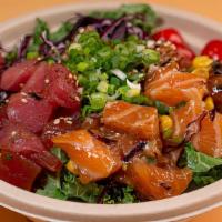 Rainbow Fish Bowl · Sushi rice, kale, corn, grape tomatoes, red cabbage, 2x rainbow salmon poke, shoyu ahi poke,...