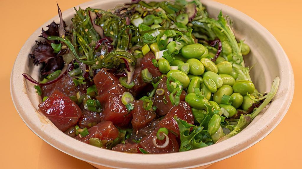 Shoyu Ken · White sushi rice, spring greens, edamame, 2x shoyu tuna poke, seaweed salad, scallions, and nori furikake.