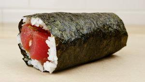 Shoyu Tuna Makiritto · Tuna marinated in a house shoyu blend with scallions and sesame seeds in a handheld sushi ro...