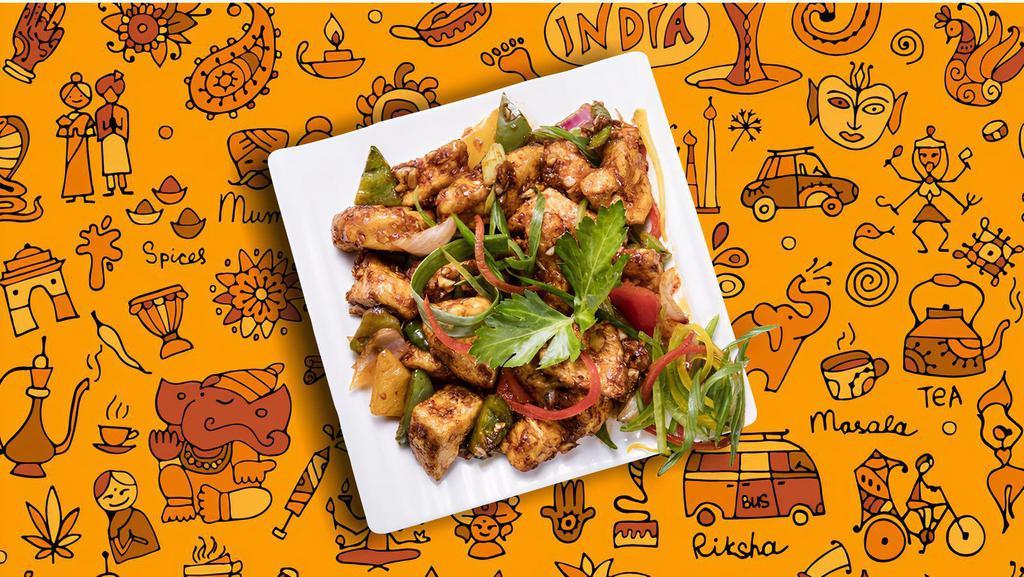 Chilli Cottage Cheese Kung Fu · Fresh cubes of house spiced cottage cheese sautéed with chilies, peppers, ginger and garlic in our signature Indo Chinese chili sauce