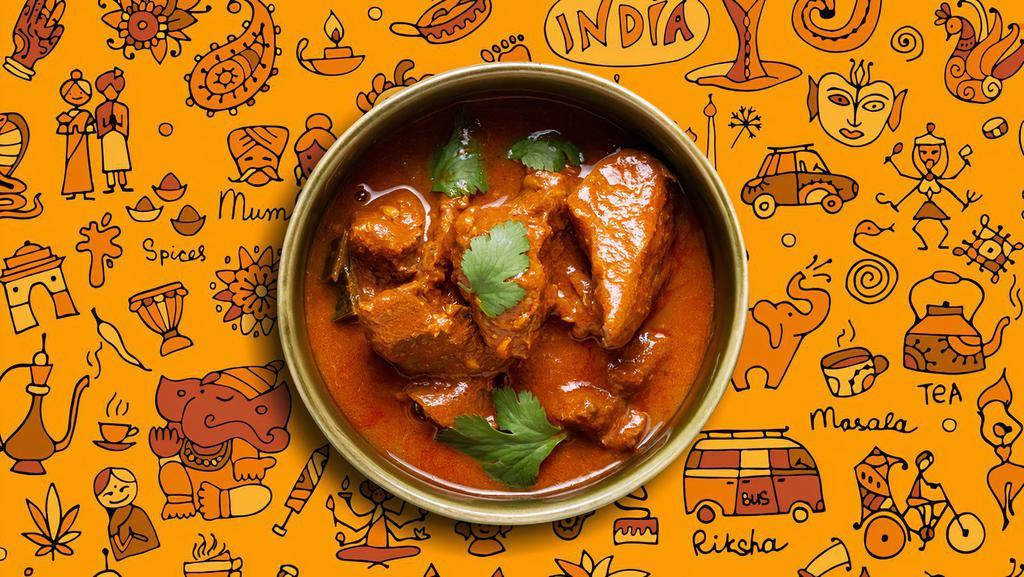 Chicken Vindaloo Love · A special from the coastal state of Goa, boneless morsels of chicken, slow cooked in a hot and tangy  traditional red 'rechado' masala, served with a side of our aromatic basmati rice , served with a side of our aromatic basmati rice
