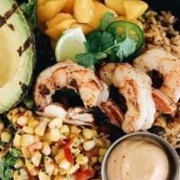 Baja · grilled shrimp, grilled avocado, gourmet greens, brown rice, mango, black bean & corn salad,...