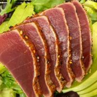 Ahi Tuna Avocado Salad · Spicy. Seared ahi tuna slices, avocado on spring mix  with wasabi yuzu sauce