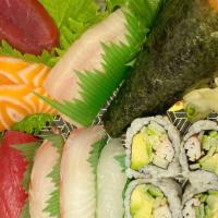 Sushi And Sashimi One · 6 pcs sashimi, 5 pcs sushi,chef's sashimi with California Roll, salmon jalapeno hand roll