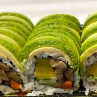Vegetarian Dragon · Shiitake,cucumber,oshinko,yamagobo inside and avocado on top