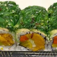 Caterpillar Roll · Vegetarian. Pumpkin tempura, oshinko, yamagobo inside, avocado and seaweed salad on top